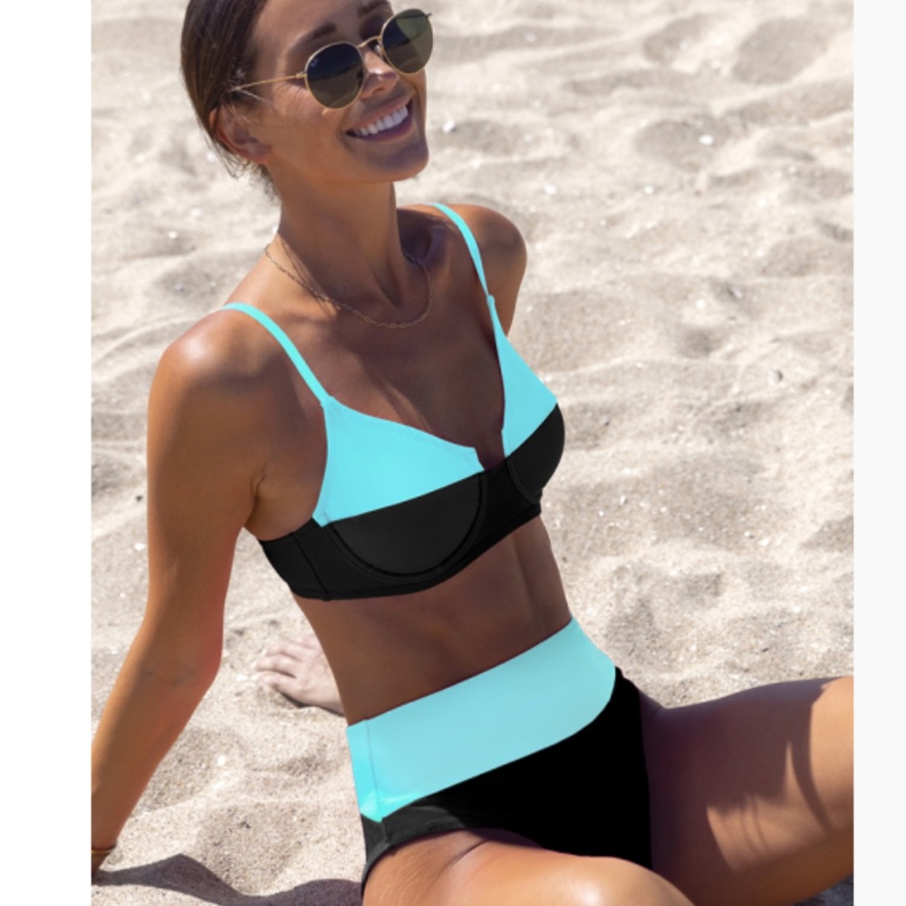 NWT aqua blue and black high waist bikini size medium